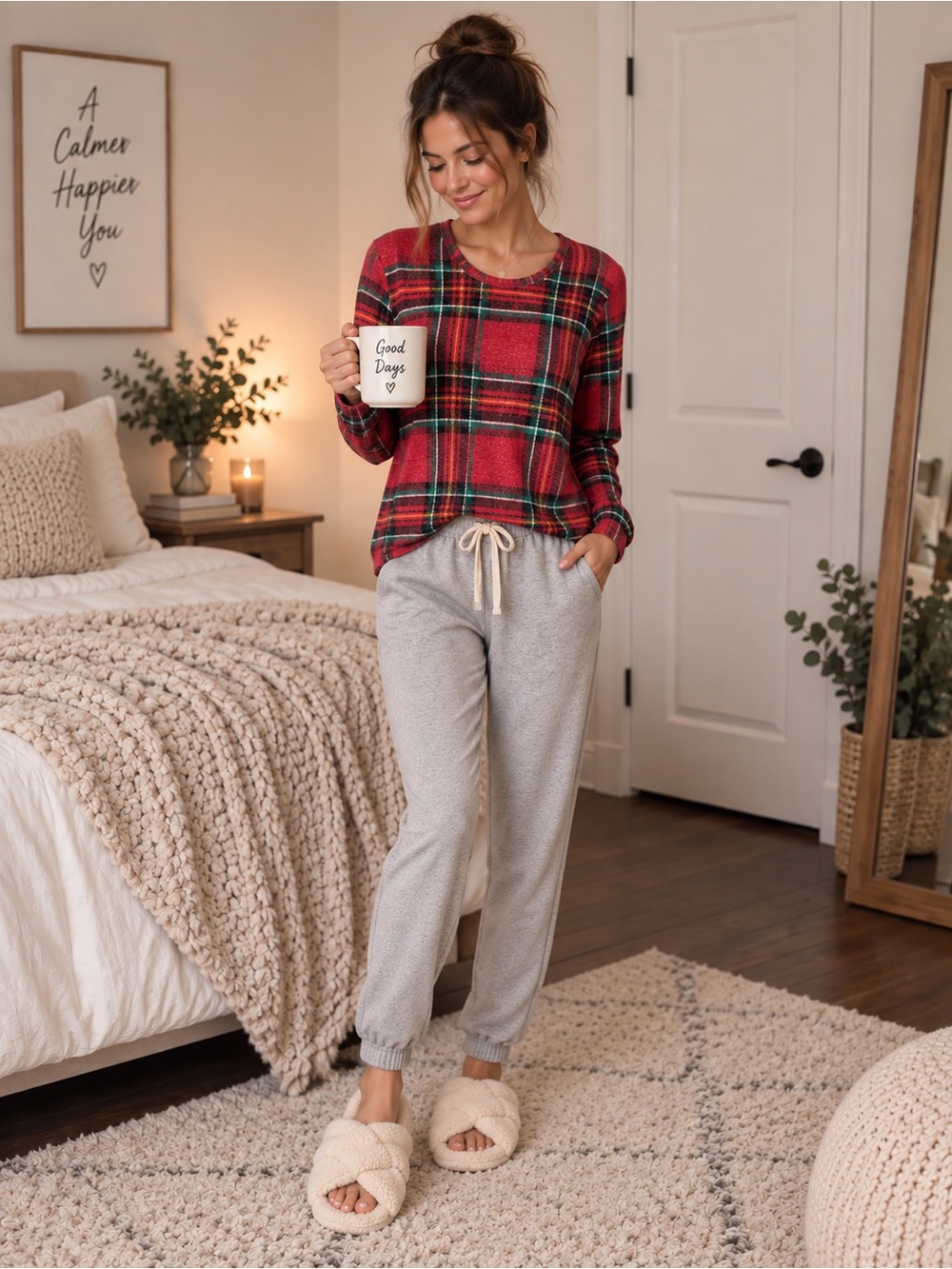 PINK Red Plaid Long-Sleeve Lounge Top